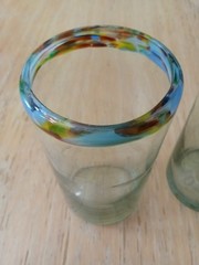 Set of 2 Hand Blown Mexican Glass w/ Confetti Rim Tumblers Drinking Glasses 6″
