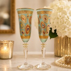 Set of 2 VIETRI Regalia Aqua Champagne Flutes Hand Painted 14K Gold Italy