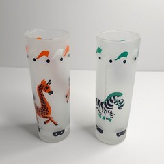 VTG Libbey Carousel Animal Zebra Giraffe Frosted MCM Highball Glass Tom Collins