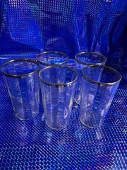 Lot of 5 Clear Glass Tumblers Water Glasses with Silver Rim Mid Century Modern