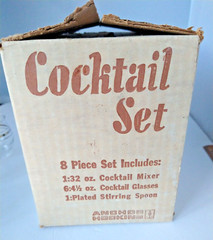 MCM Anchor Hocking Cocktail Set Silver Bands Original Box Silver Trim Lot of 8