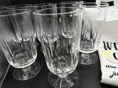 (6) Footed Crystal Water/Juice Glasses-5 1/2″ x 3″ with a wafer Design on stem.