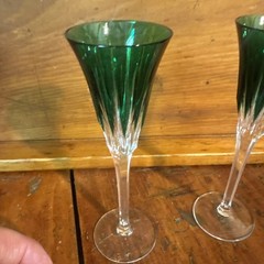 AJKA 6 5/8” Green Cut To Clear Champagne Flutes Vintage Set Of 3 Plus 1 Damaged