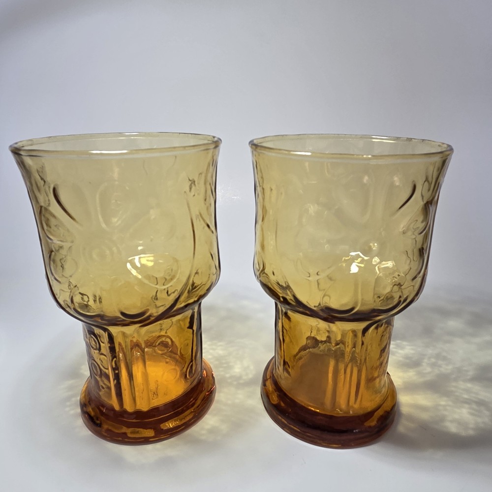 vtg set of 2 libbey amber glass country garden daisy flower 5” boho water tumble