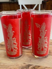 Culver Glass Mid-Century Red & Gold Thai Goddess Highball Glasses, set of 3, EUC