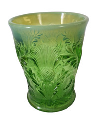 VTG Mosser Glass Tumbler Green Thistle Opalescence Rim Tumbler 4″ Tall