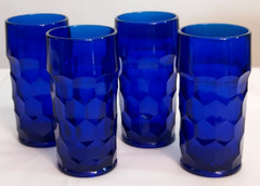 4 MCM Honeycomb GEORGIAN Paden City COBALT BLUE Pressed Glass ICED TEA TUMBLERS