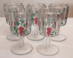 5 HTF Westmoreland PANELED GRAPE Clear PAINTED Art Glass 5 7/8″ WATER GOBLETS