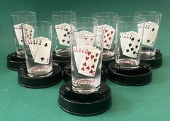 1950’s Poker Card Glass Cup w Sitting Ashtray Coaster, Casino Style Barware Set