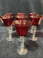 Set Of 7 Deep Ruby Red Glass Twisted Spiral Stems
