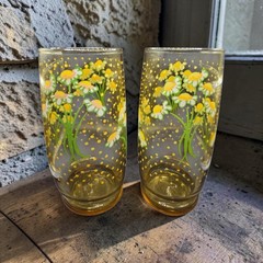 2 Vtg Anchor Hocking Hildi Amber Glass Daisy Chamomile Water Ice Tea Tumbler