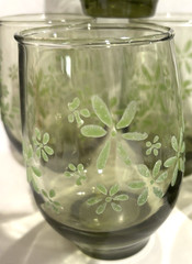 Vintage Libbey Green Mint Bouquet Daisy Pattern Set of 7 Tumblers Glass