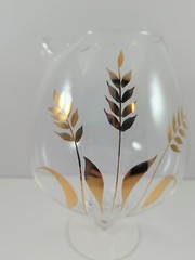 Vintage MCM Cera Glass Footed Pedestal Pitcher Gold Wheat Leaf 8.5″ Tall RARE