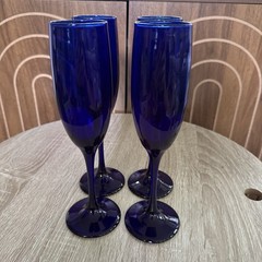 4 LIBBEY’S 8 3/4″ Solid Cobalt Blue Blown Glass Champagne Flute Vintage