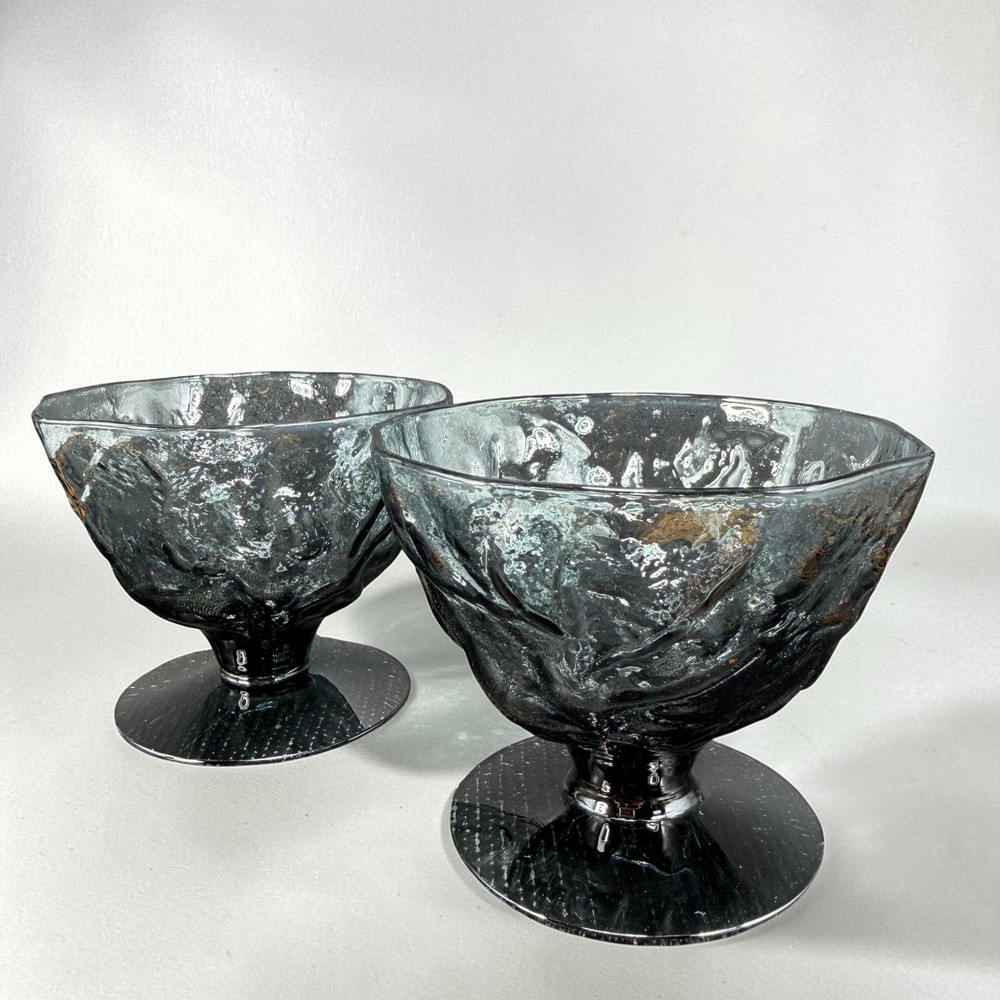 Morgantown Crinkle Glass Driftwood Footed Dessert Bowls Set of 2 Smoky Grey MCM