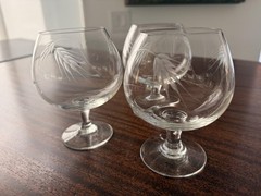 (3) Vintage Saski Crystal Wheat-Etched Brandy Snifters/Cognac Glasses Japan