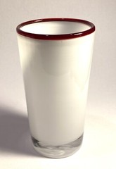 White Cased Highball Glass Tumbler w/ Applied Red Rim Hand Blown • Set of 4