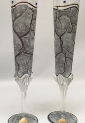 2 VTG Holub Maskl Bohemia Champagne Toasting Flutes Glasses Castle Rock Print