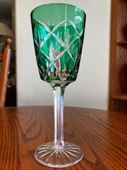 Bohemian Cut Crystal Glass Emerald Green Water Wine Goblet 9″