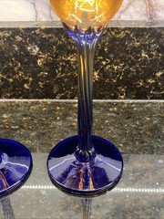 Glass Tulip Iridescent & Cobalt Blue Signed Rick Strini Wine Glasses