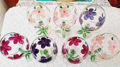 7 Balloon Wine Glasses Dainty Long Stem Hand Blown & Painted Florals 8″ 16 oz.