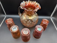 Ant Dugan Floral & Grape Marigold Carnival Glass Water Pitcher Set w/ 4 Tumblers