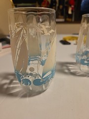 Vintage Mid Century Nautical Glasses 4 Sailboats, Teal Blue Waves, Birds