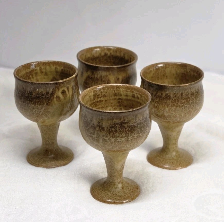 Handmade Art Dripped Pottery Wine Goblets Set Of 4 Stoneware Clay