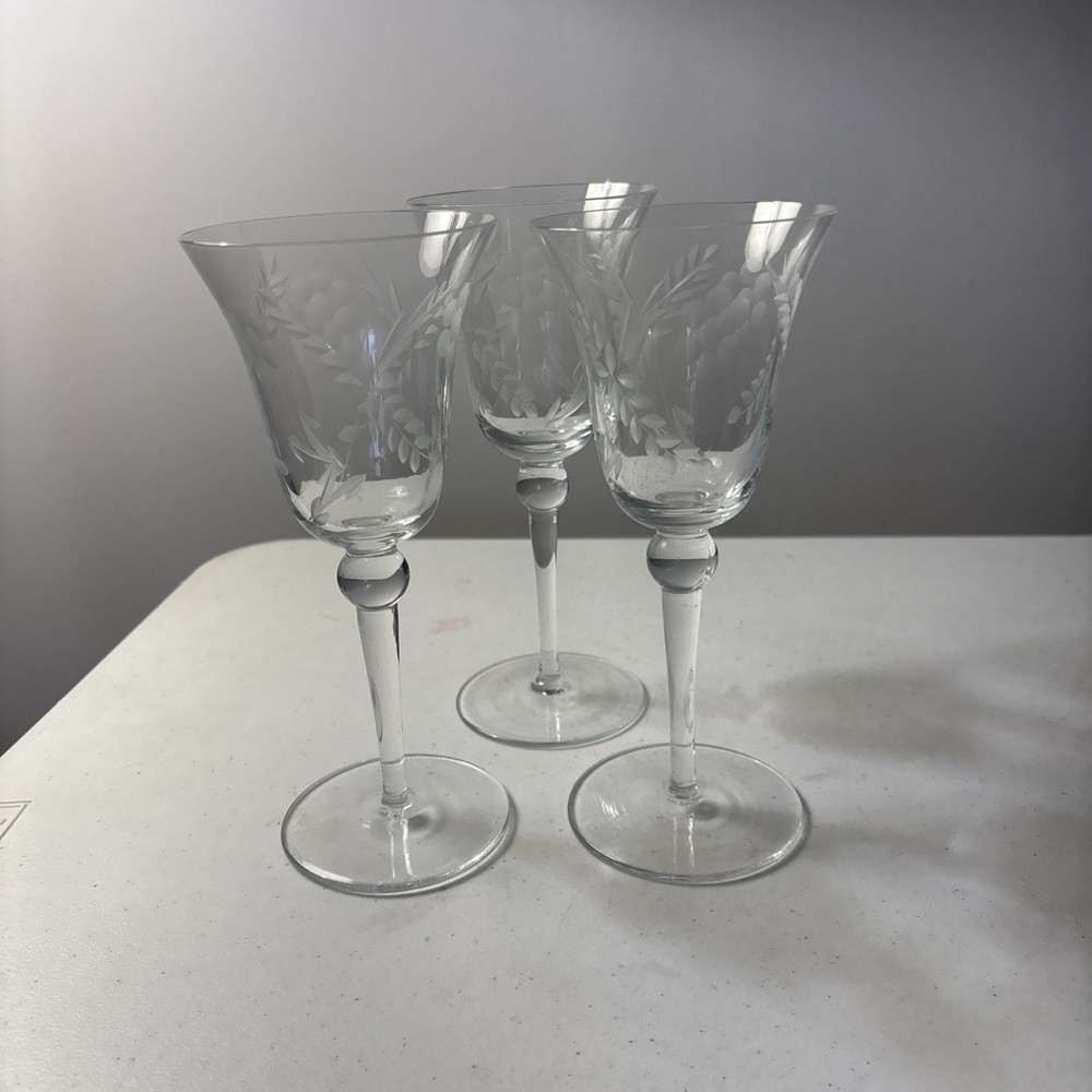 3 Vintage Danube Floral Leaf Wine Glasses
