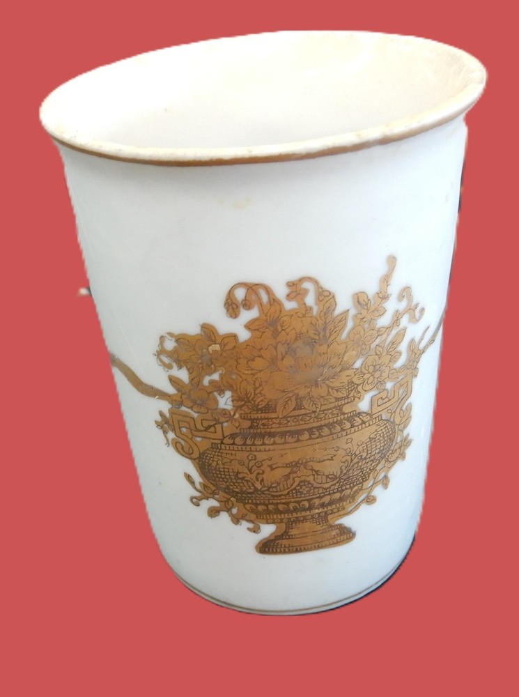 Antique White Porcelain Tumbler with Gold Floral Urn Design – Hand-Painted #7595