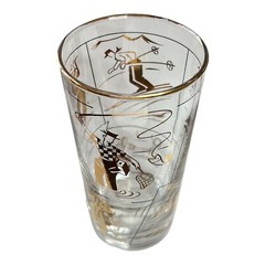 Vintage Libbey Glass Hostess Set 8 Gold Sports 12 oz Tumblers w/Box USA 1955
