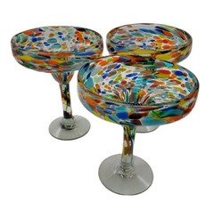 Vintage Mexican Confetti Margarita Glasses Set 3 Hand Blown Art Glass Barware