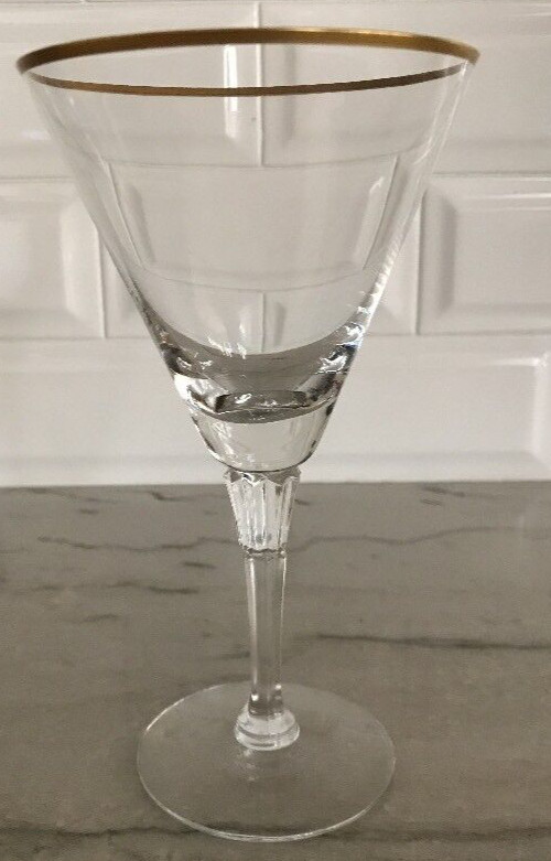 FOSTORIA CRYSTAL GOLDEN FLAIR GLASS STEM # 6087 WATER GLASSES 7″ Vintage MCM