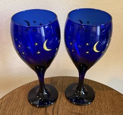Libbey Celestial Goblet Glass SUN MOON STARS Cobalt Blue Set Of Two