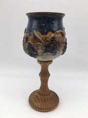 Vintage Artisan Hand Crafted Stoneware Pottery Wine Goblet Wood Stem Signed