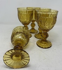 5 Vintage MCM Circle Glass Retro Embossed Stemmed Amber Wine Goblets Scalloped