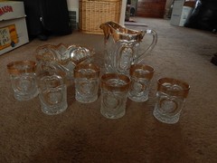 US Glass #15104 Victorian/Buzz Saw & Parenthesis Pitcher/Glasses/Bowl Set 1907