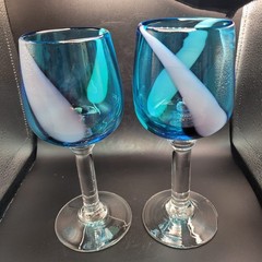 2 Hand Blown Art Glass Blue W/Swirling Pattern Wine Goblets 8 in Tall 3 in Wide