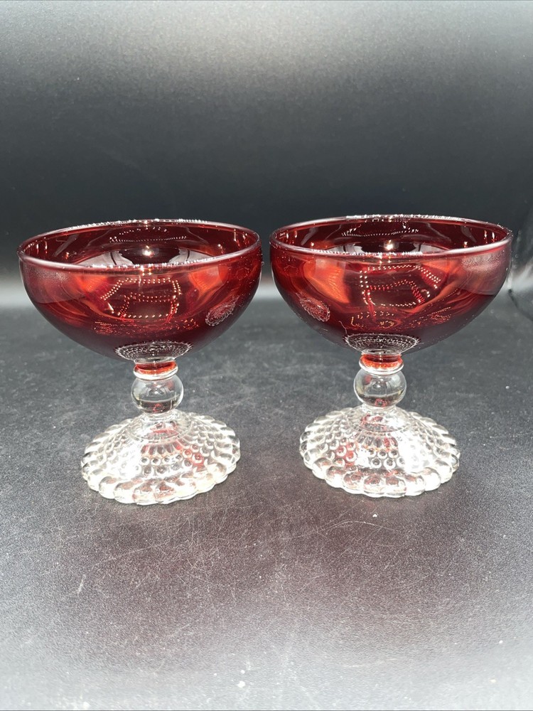 2 Vintage Anchor Hocking Bubble Foot Ruby Red Liquor Cocktail Goblets Champagne
