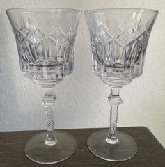 2 Vintage clear crystal cut etched wine goblet hand blown 6 5/8″ fancy
