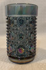 Vintage Set of 8 Blue Iridescent Pressed Glass Tumblers–Heavy Geometric Pattern