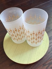 Set of 2 MCM Frosted White Glass Tumbler Glasses, Gold Geometric Pattern