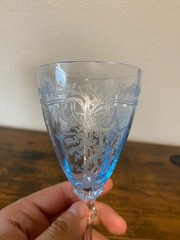 SET(4) VTG FOSTORIA Azure Blue JUNE Pattern Water Goblets 8.25″H DISCONTINUED