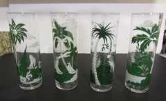 Set Of 4 Vintage 7″ Libbey Tropical Tiki Palm Tree Floral Drinking Glasses