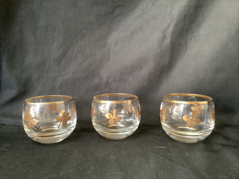 3 Four Leaf Clover/Shamrock 4 oz Round/Tumbler Glasses, 2″ T x 2″ W, Gold Accent