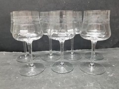 7 VTG CAMBRIDGE FLORAL and BANDS ETCHED OPTIC PANEL WINE CRYSTAL GLASSES 7 1/4″