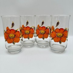 Dominion Glass, Orange Poppy Floral Design, 5 1/2″ Tall, Set of 4, 70’s Design