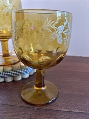 VTG Set 2 MCM Bartlett Collins Amber Thumbprint Goblets, Etched Grape Pattern
