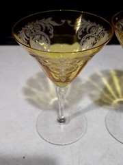 SET OF 2- RARE TIFFIN ARCADIAN TOPAZ YELLOW ETCHED BASKET 5 5/8″ WINE GLASSES