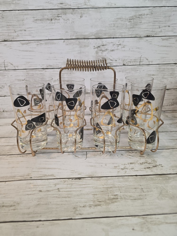 Vtg Amoeba Boomerang Atomic 8 Highball Glasses Black Gold With Carrier For Them.